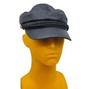 Hatattack Black 100% Real Leather Baker Boy Fiddler Cap Rope Detail Gold Button